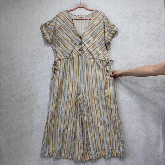 World Market Jumpsuit Womens L/XL Striped Linen Cotton Wide Leg V Neck Pockets - Picture 6 of 10